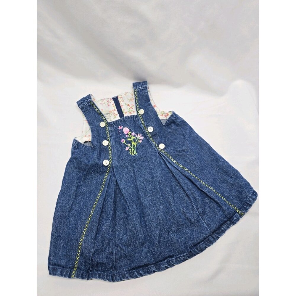 Vintage Faded Glory Denim Embroidered Flower Dress Size 12 Months